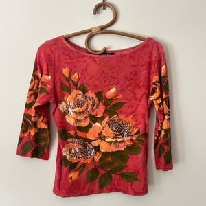 Vintage Y2K 3/4 Sleeve Rose Sequin Top